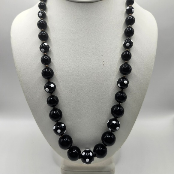 Jewelry - Vintage Black and White Polka Dot Beaded Necklace Gold Tone Spring Ring Clasp